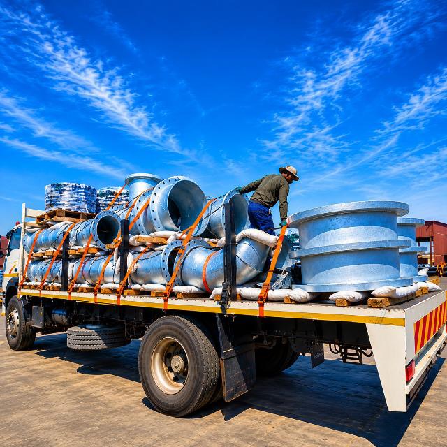 Industrial components secured with orange straps for transport